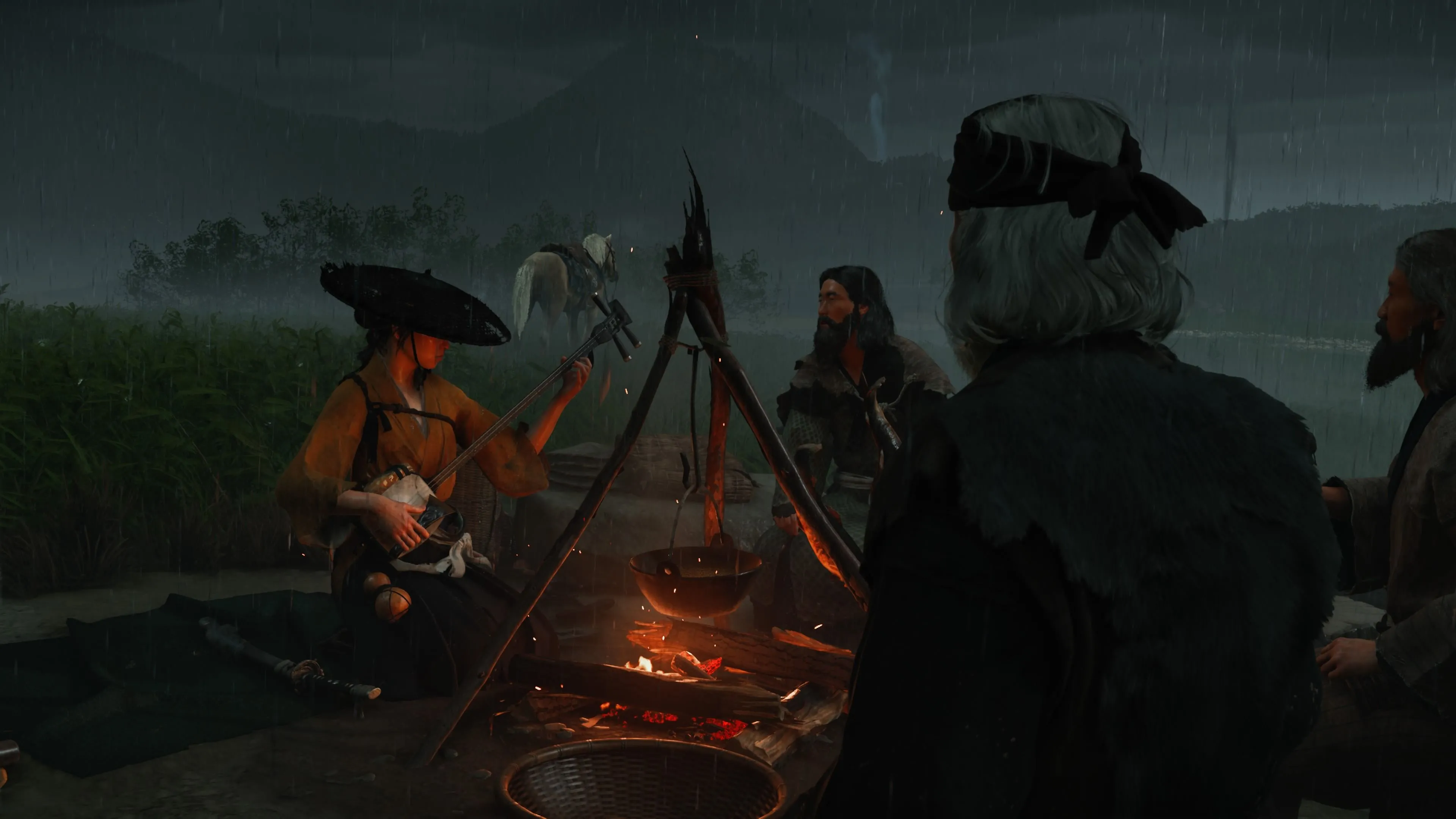 Atsu ngồi bên lữ khách, thể hiện yếu tố tương tác NPC động trong Yotei