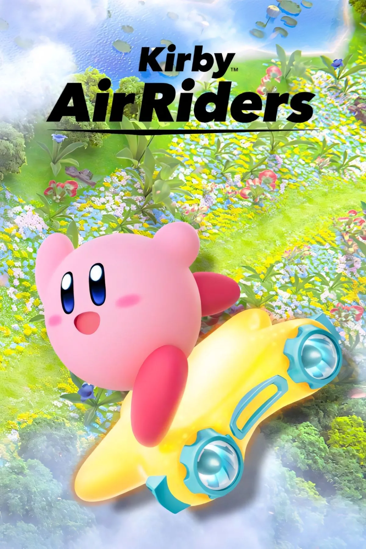 Bìa Kirby Air Riders - ảnh bìa demo Global Test Ride, Kirby trên máy Air Ride hiển thị logo và phong cách đồ họa