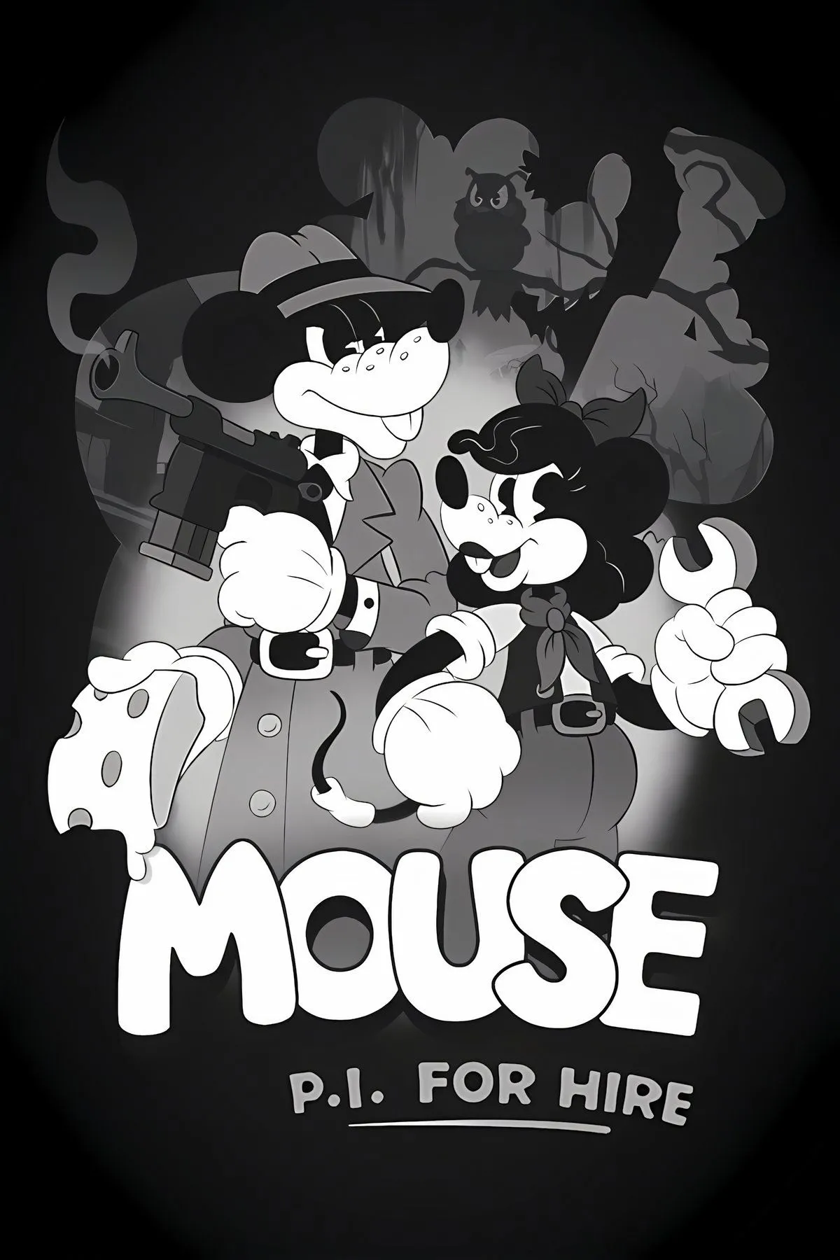 Bìa Mouse: P.I. For Hire phong cách hoạt hình đen trắng rubber hose, tông noir và thiết kế nhân vật chính