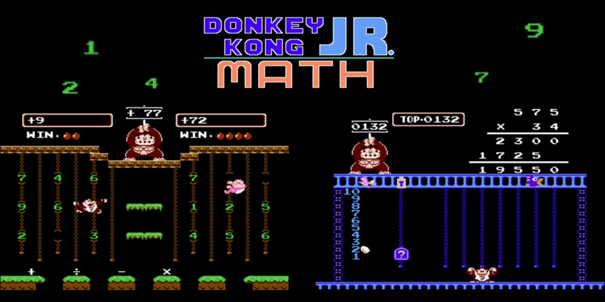 Bìa quảng bá Donkey Kong Jr. Math trên NES, thể hiện cơ chế lấy số và di chuyển trong game