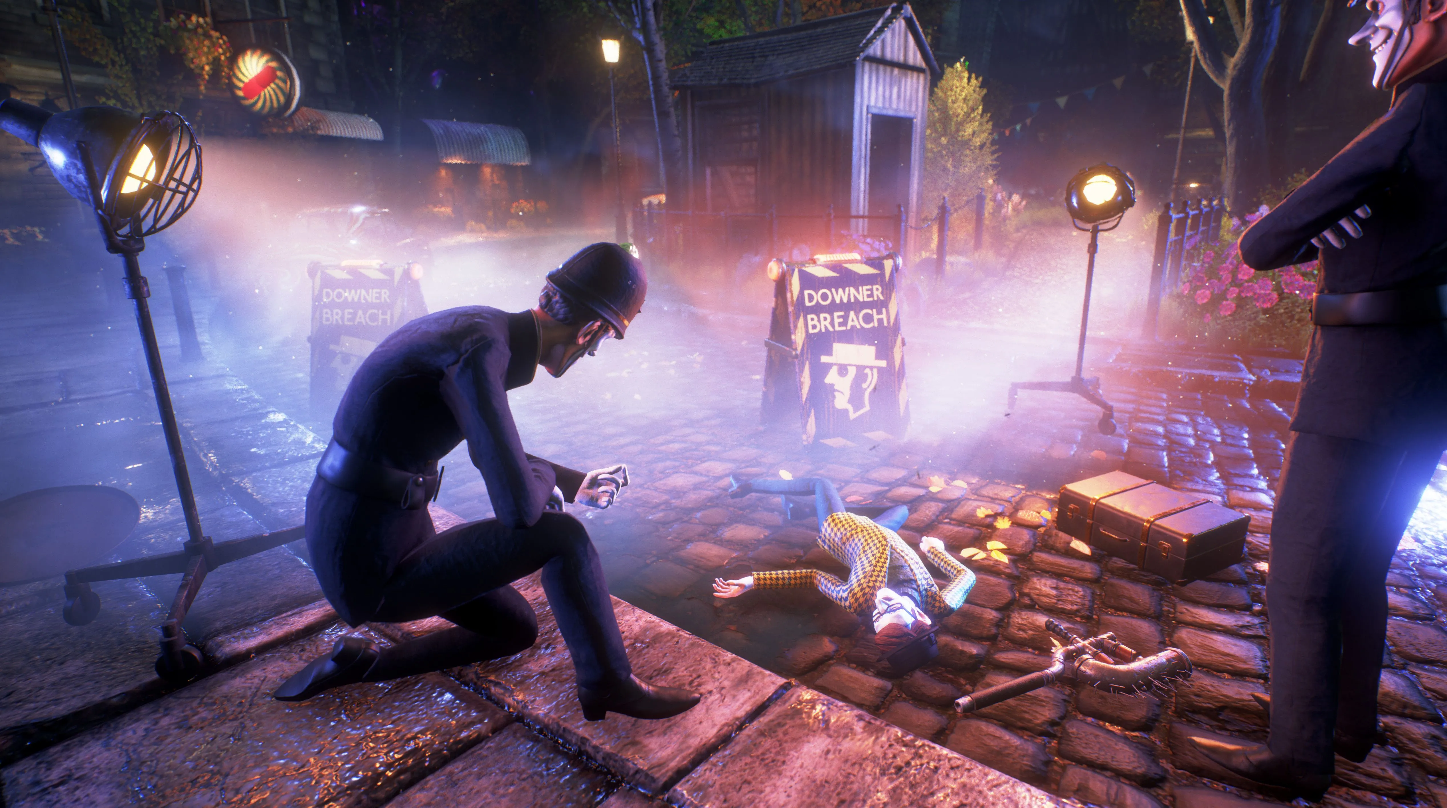Bobbies trong We Happy Few kiểm tra thi thể, bối cảnh phản ánh sự kiểm soát xã hội nghiêm ngặt