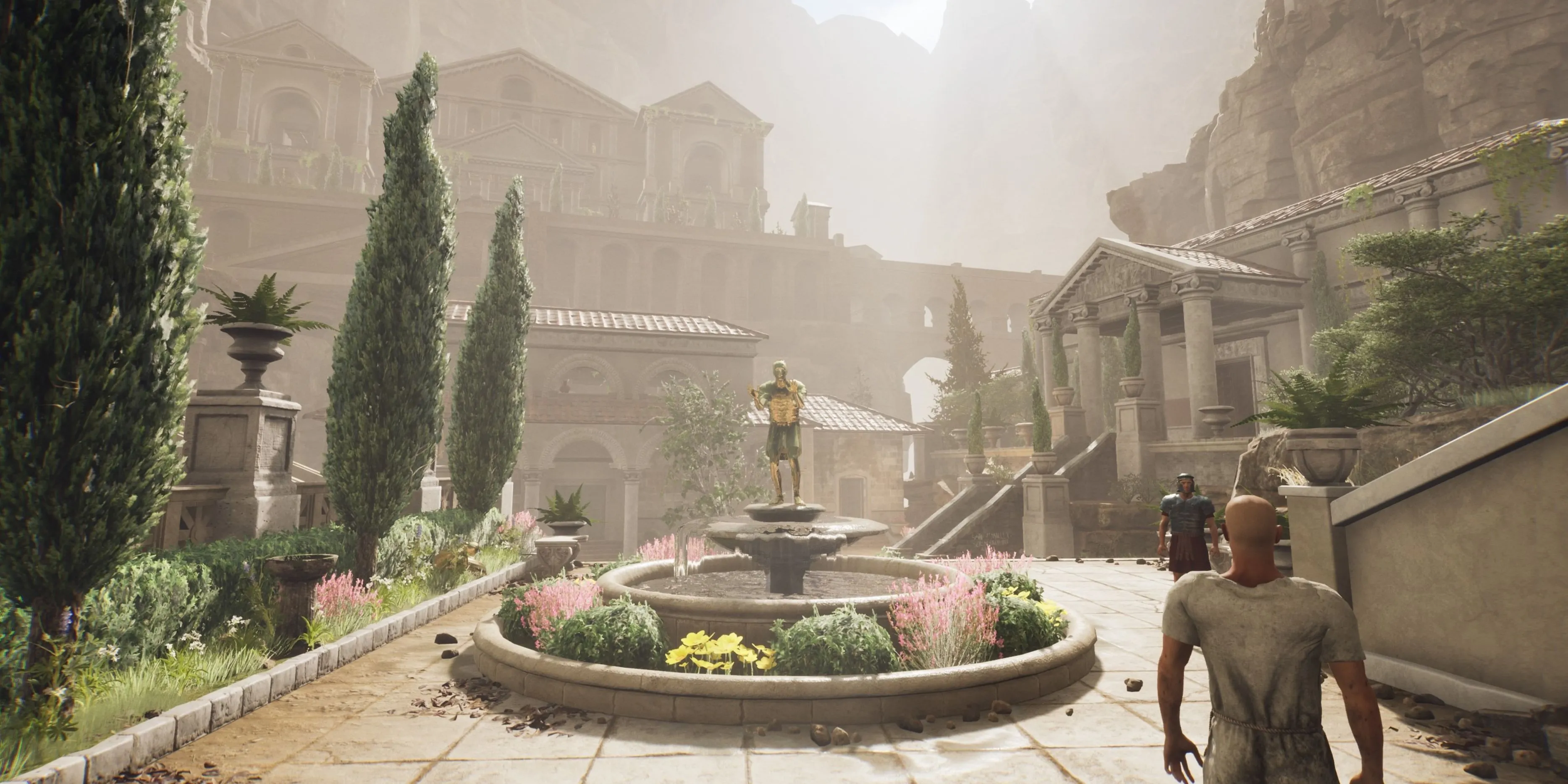 Đài phun và tượng vàng trong The Forgotten City, bối cảnh cổ đại nhưng gameplay điều khiển hội thoại và thời gian