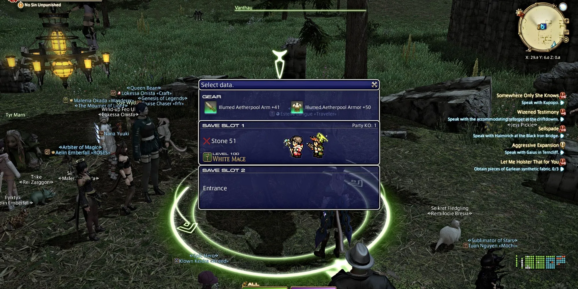 Giao diện ô lưu tiến trình Pilgrim's Traverse - lựa chọn save slot và reset progress FFXIV
