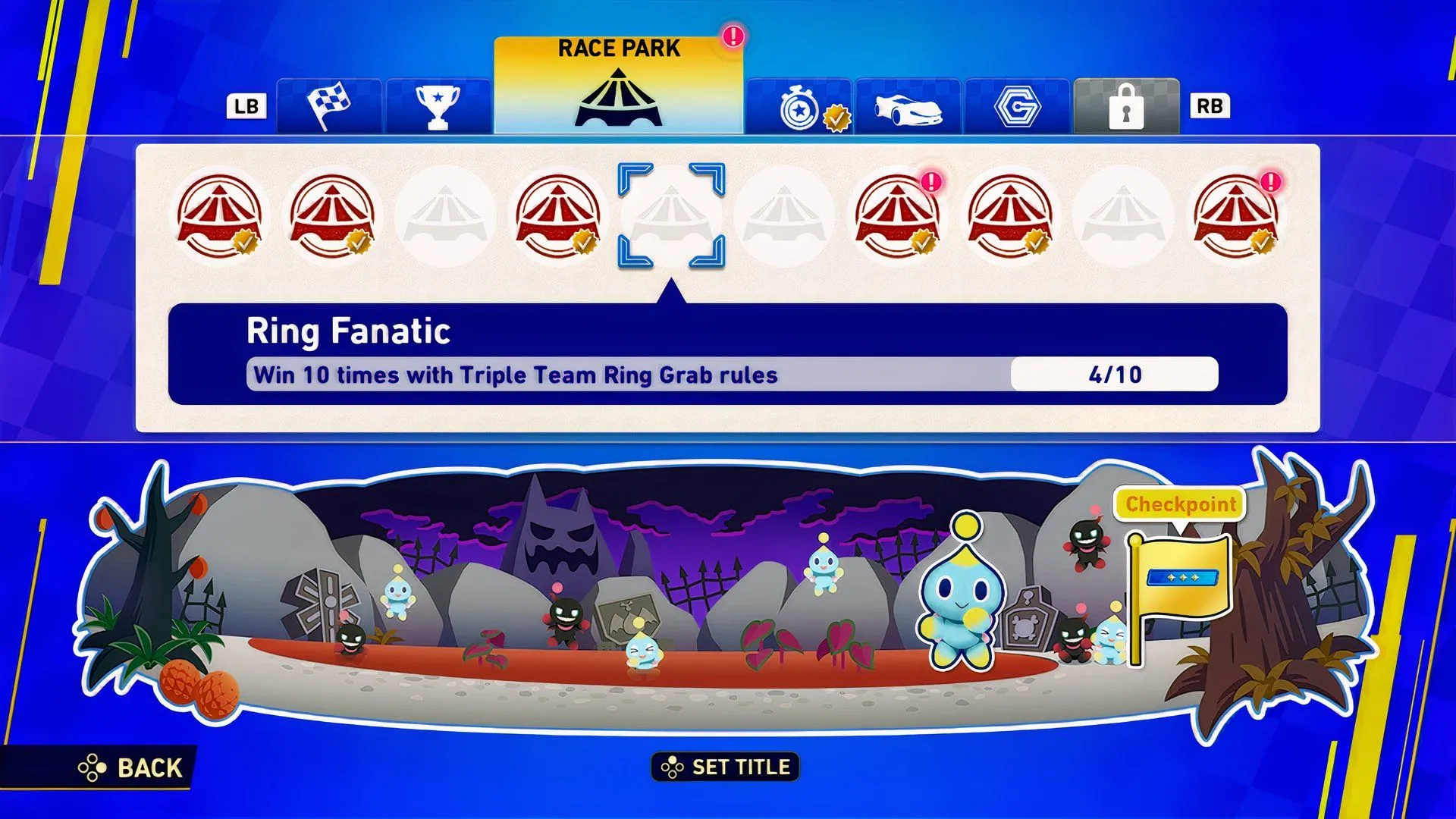 Giao diện thử thách Race Park trong Sonic Racing CrossWorlds, danh sách nhiệm vụ và tiến độ