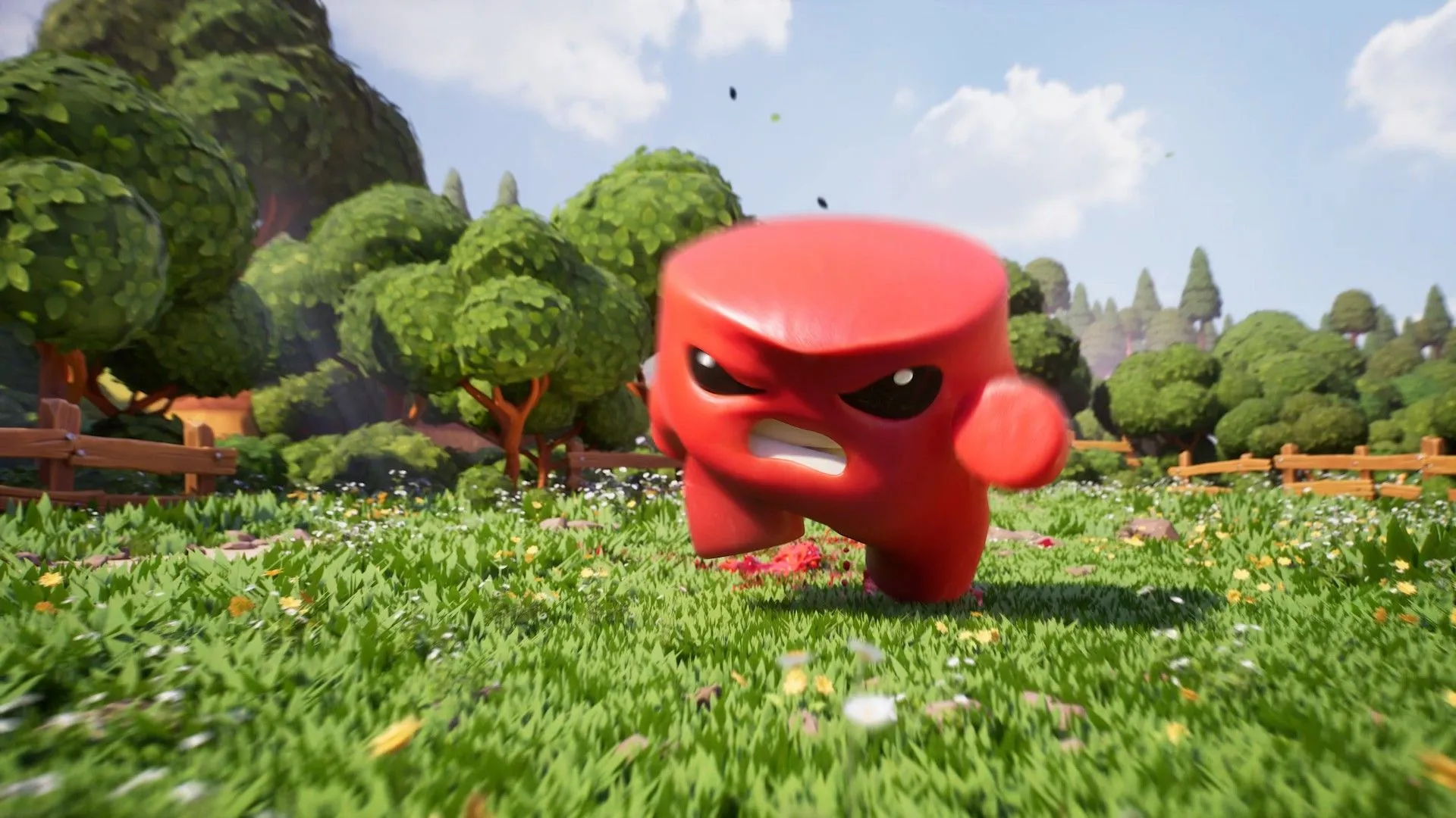 Góc nhìn isometric của Super Meat Boy 3D với nền môi trường đa dạng
