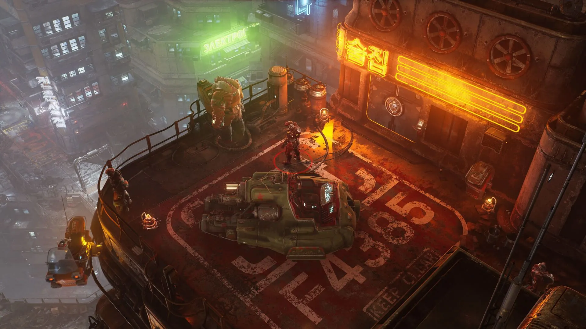 Góc nhìn top-down trong The Ascent, môi trường cyberpunk đầy ánh đèn neon và chiến đấu hỗn hợp