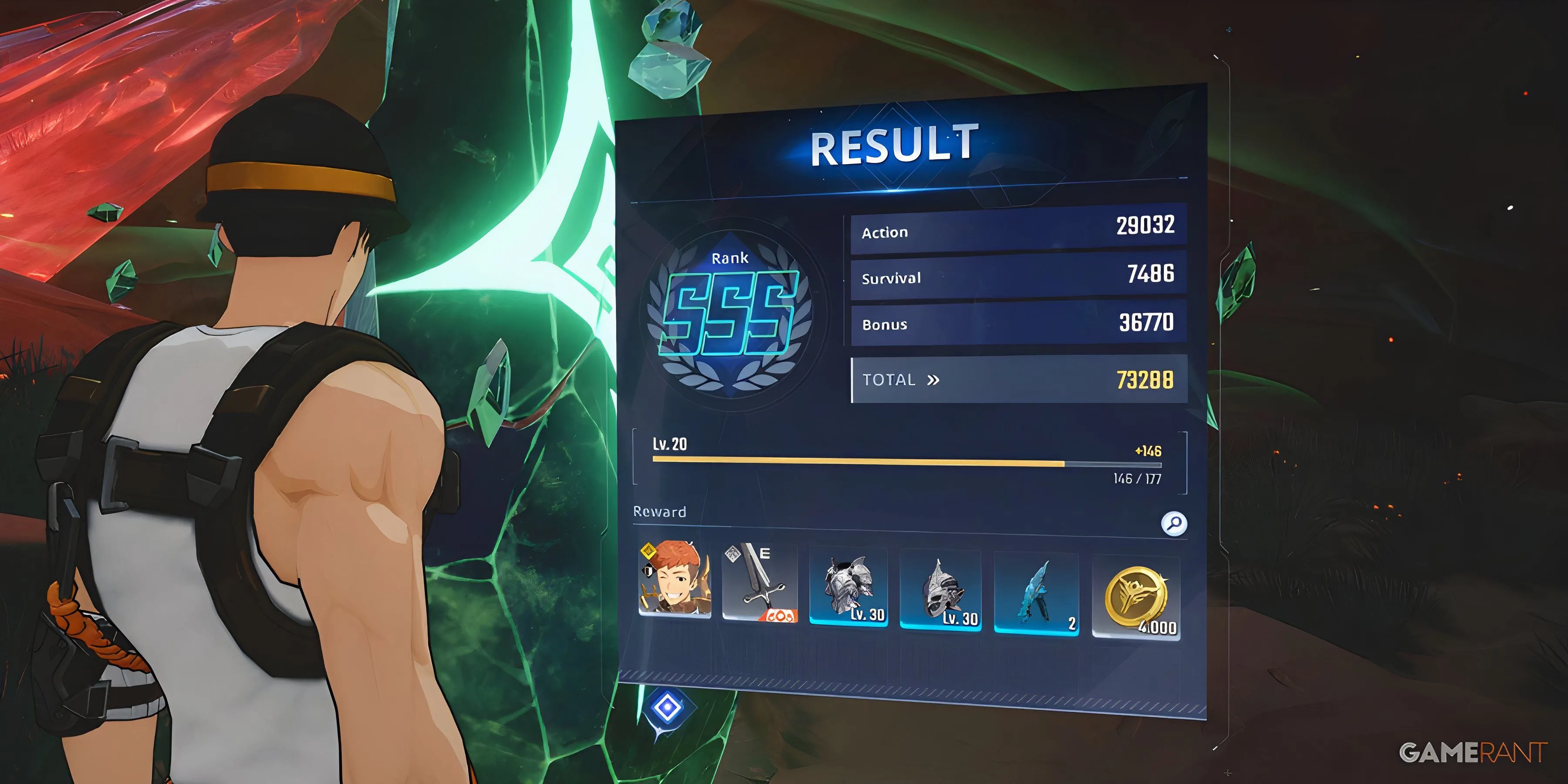 Hiệu ứng chiêu cuối và kết quả nhiệm vụ trong Solo Leveling: ARISE OVERDRIVE, minh họa giao diện phần thưởng và EXP