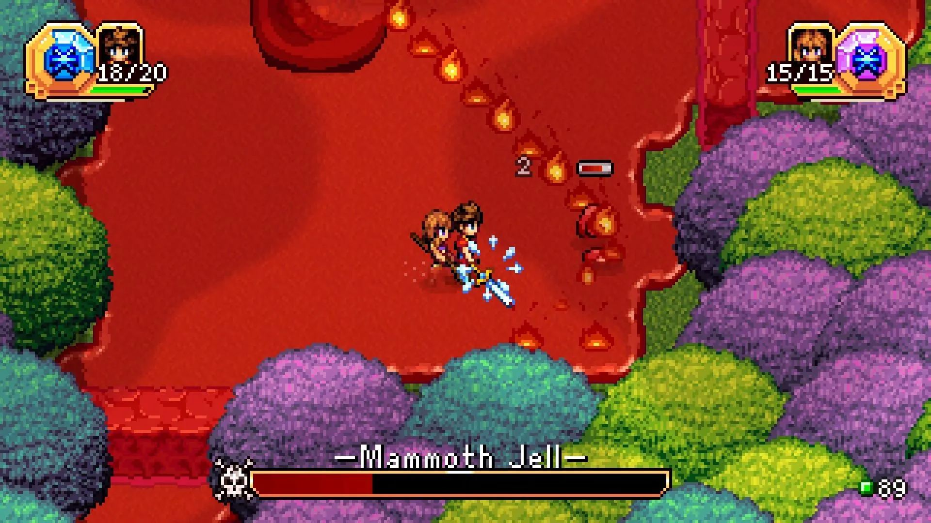 Hiệu ứng phép thuật và sprite quái vật — đồ họa 16-bit chi tiết với hiệu ứng động