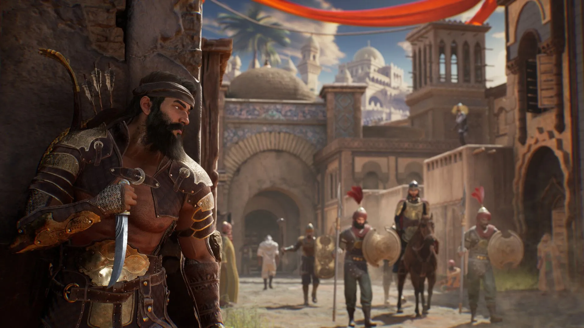 Hình ảnh cận cảnh nhân vật Mehran trên nền phong cảnh Persian với ánh sáng nhân tạo của Unreal Engine