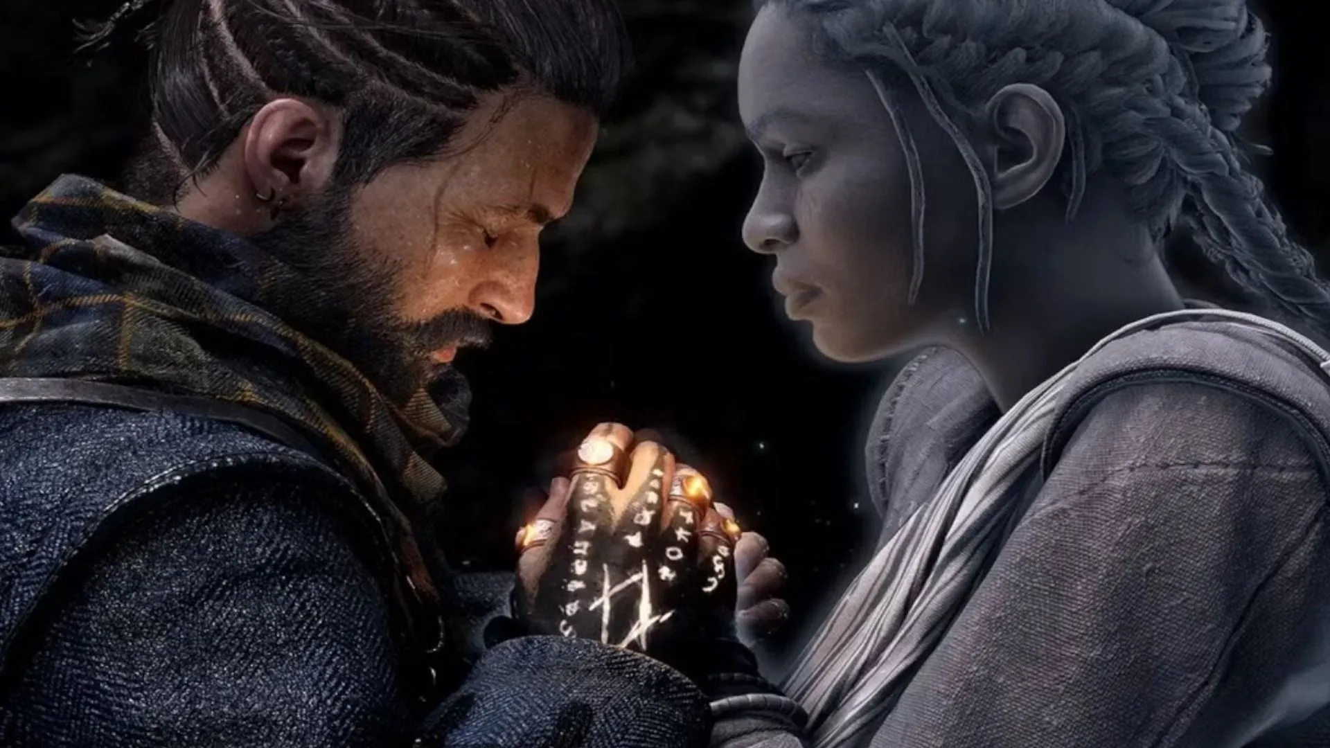 Hình ảnh cropped của Banishers: Ghosts of New Eden, mô tả cặp đôi nhân vật và tông màu u ám