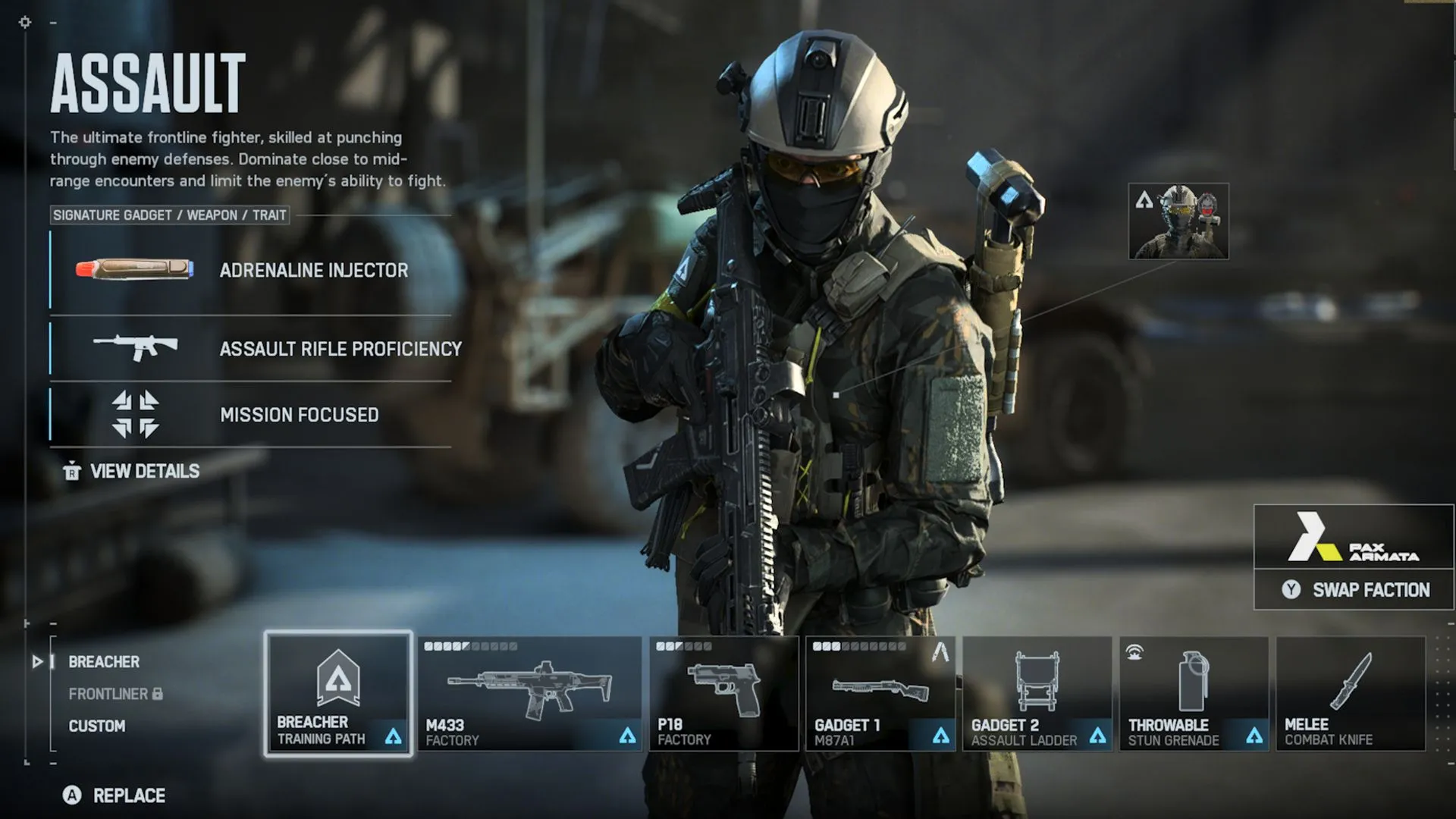 Hình ảnh lớp Assault với súng và thiết bị hỗ trợ spawn, mô tả vị trí mạnh trong giao tranh cận trung