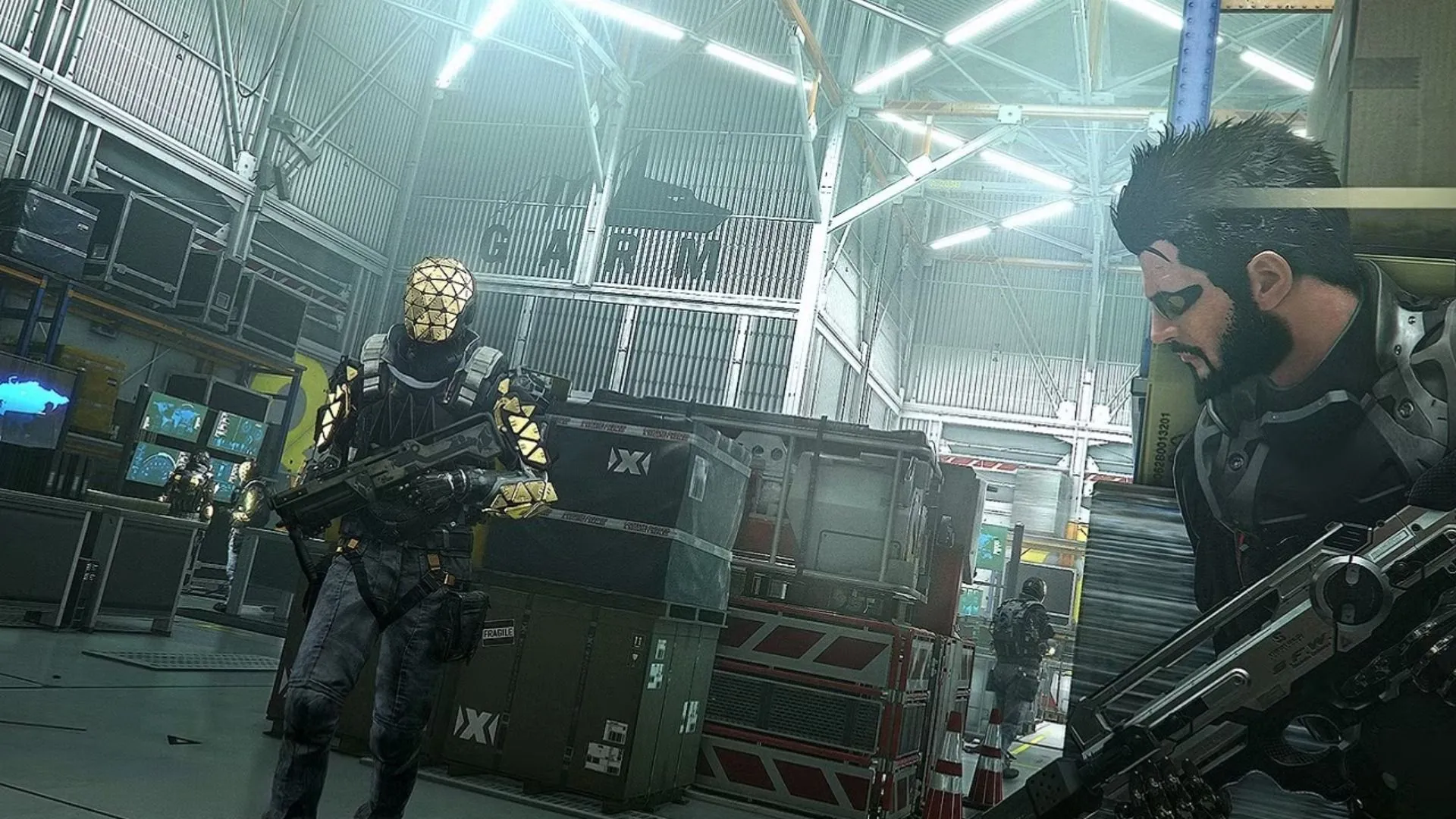 Hình chụp của Deus Ex: Mankind Divided, minh họa nhân vật được augment và giao tranh đô thị tối tân