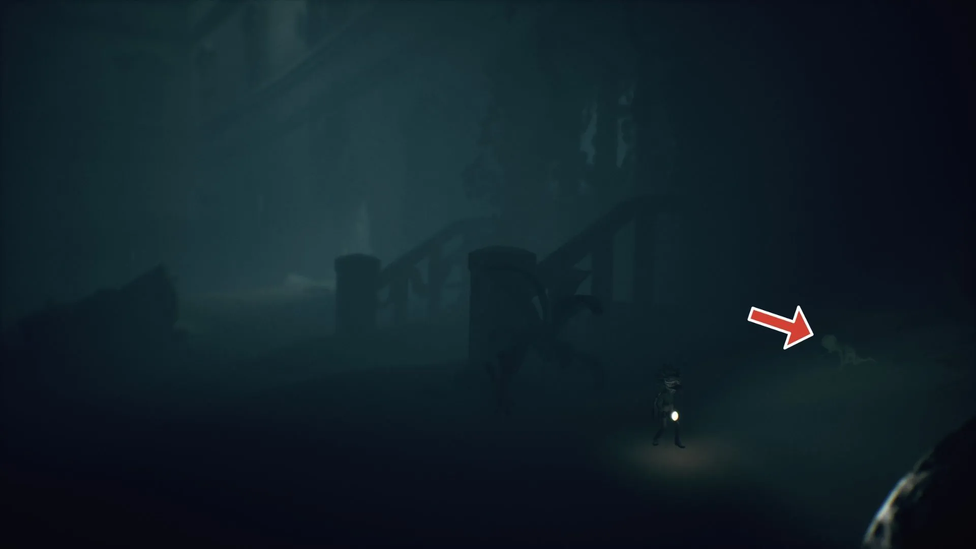 Hồn ma #1 chơi giữa bãi cỏ gần lỗ tường ở phần mở đầu Chương 4 của Little Nightmares 3