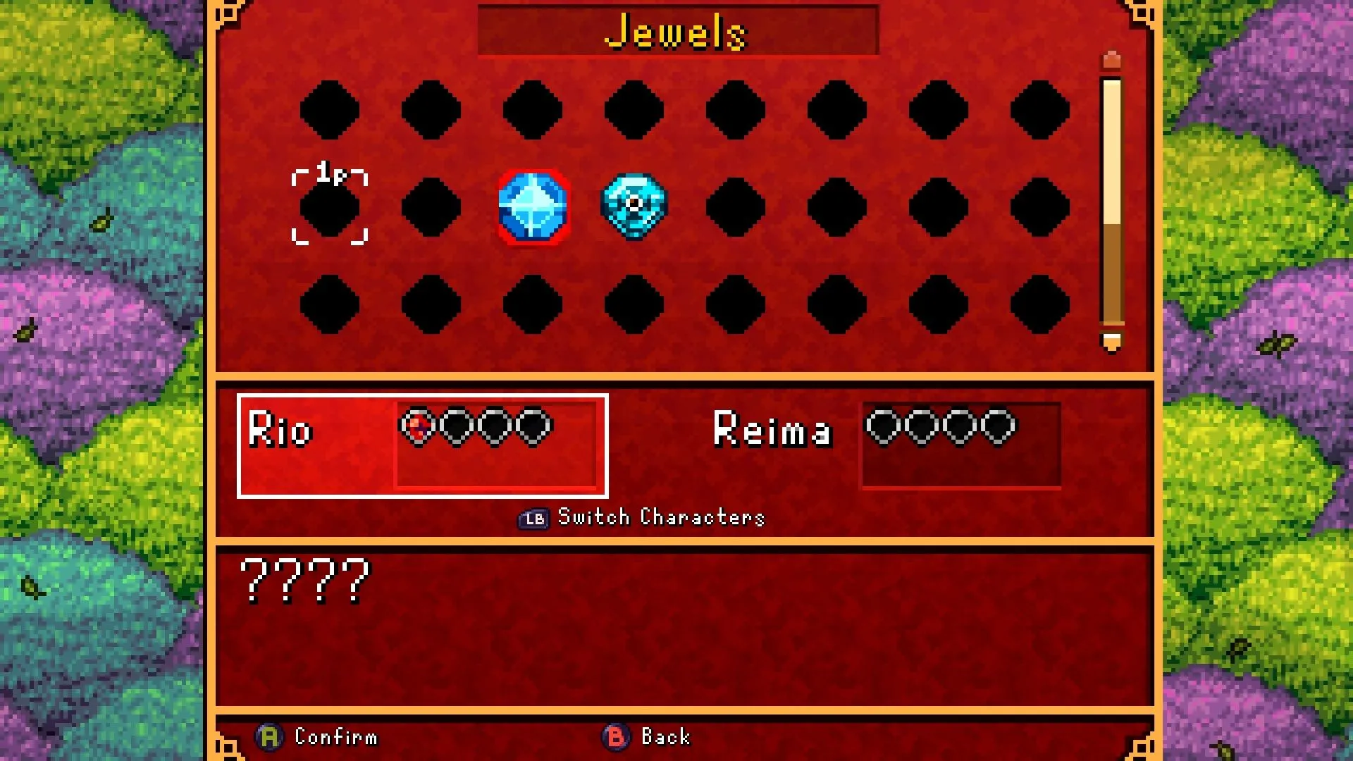 Màn hình quản lý viên ngọc — hệ thống Jewels với giao diện inventory retro nhưng thao tác giới hạn