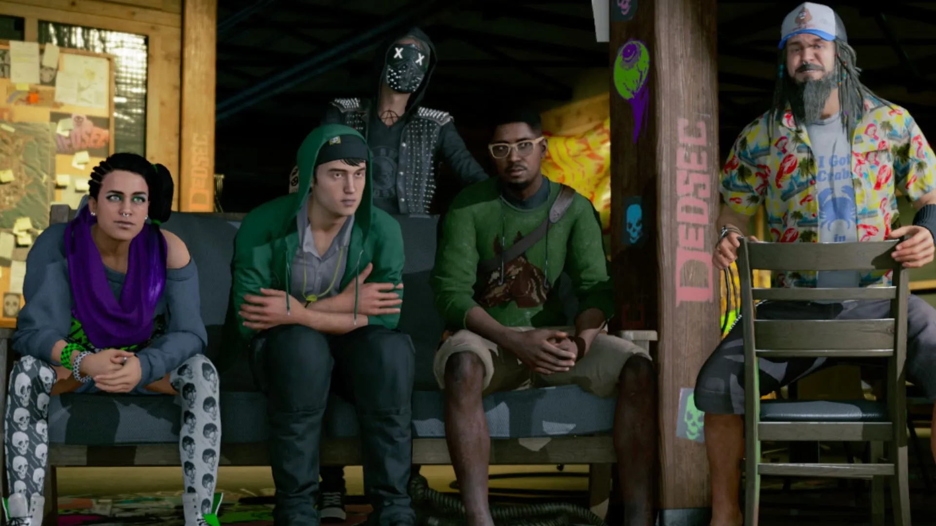 Marcus và DedSec trong Watch Dogs 2, thể hiện tông màu sáng và phong cách hài hước khác biệt so với phần 1