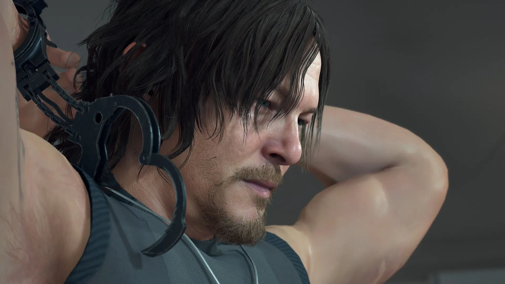 Norman Reedus trong vai Sam Porter Bridges, biểu tượng kỹ thuật mô phỏng khuôn mặt và mocap trong Death Stranding