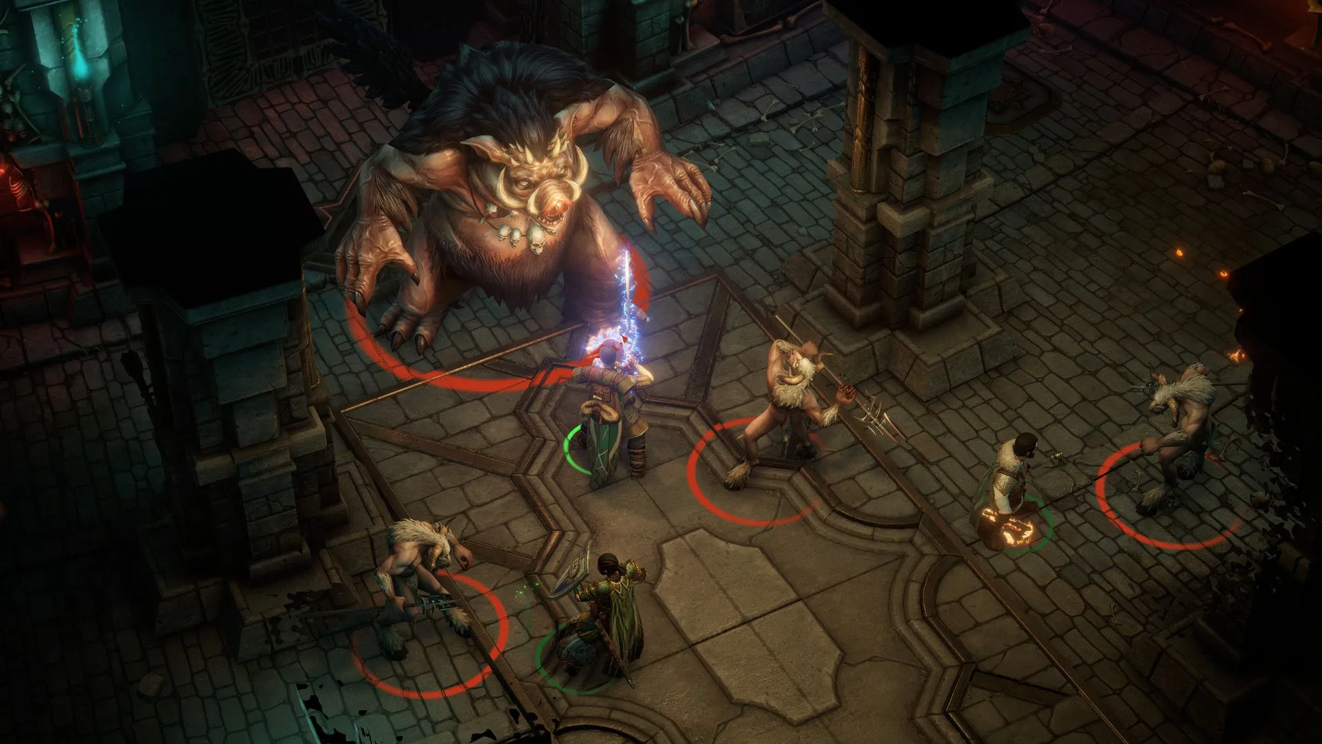 Pathfinder: Wrath of the Righteous, cảnh chiến đấu isometric và giao diện nhân vật, phù hợp cho người chơi muốn hệ thống nghiêm ngặt