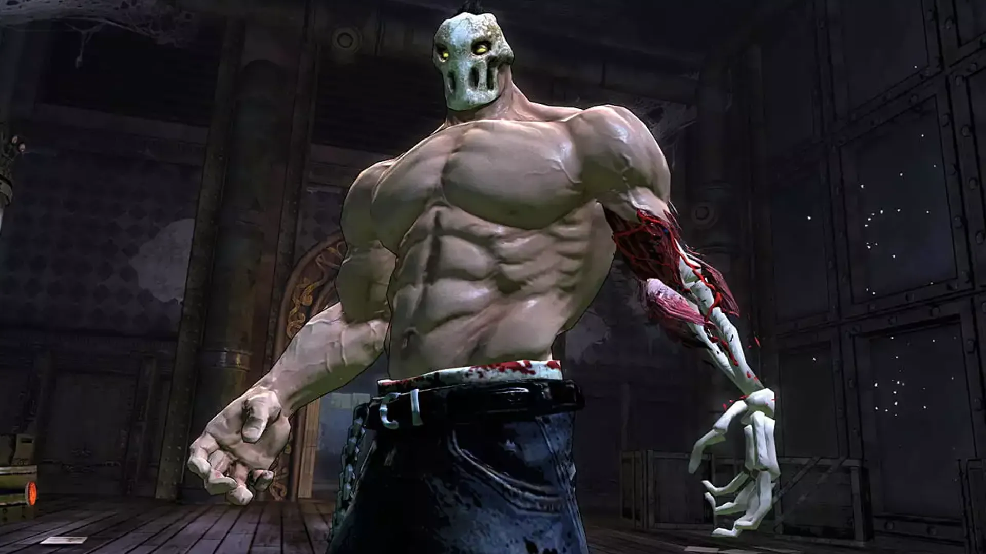 Rick trong Splatterhouse hồi sinh cánh tay, biểu diễn yếu tố kinh dị đồ họa