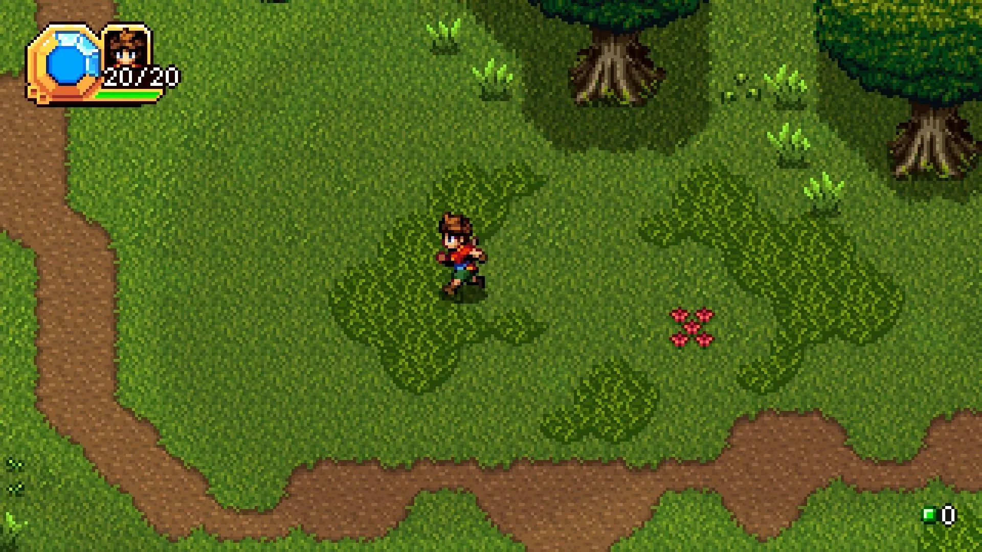 Rio chạy qua làng Yurill trong Shrine's Legacy — khung cảnh JRPG 16-bit với yếu tố cảm xúc đa dạng