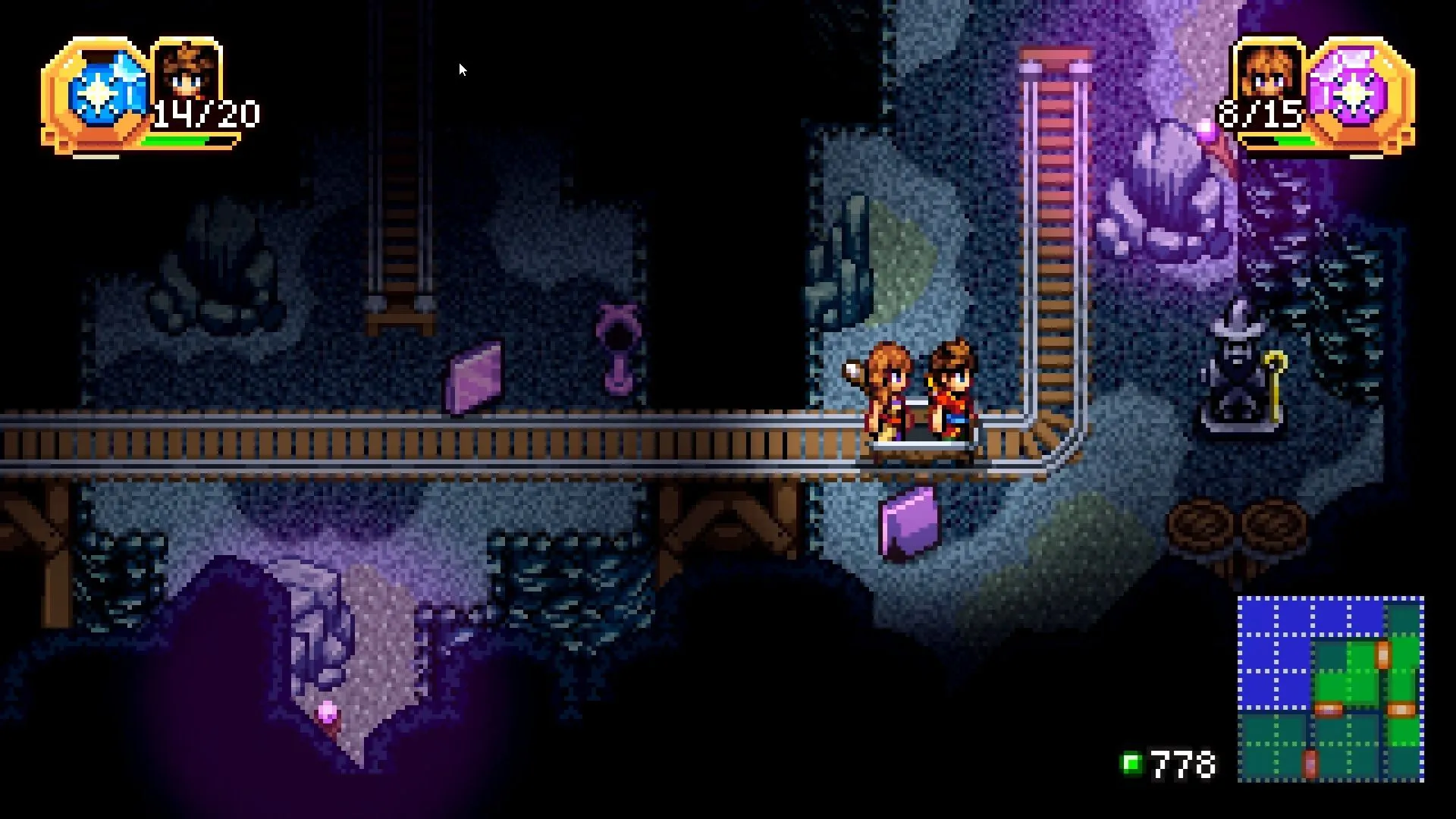 Rio và Reima trên đường ray trong hầm mỏ — cấu trúc dungeon có yếu tố tương tác môi trường