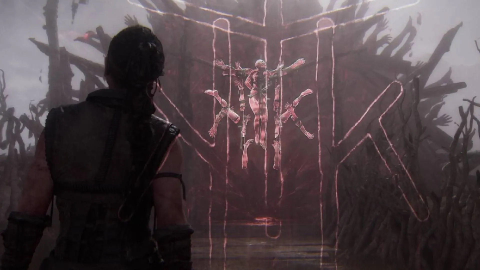 Senua trong Hellblade 2, close-up thể hiện thay đổi tông kể chuyện và sự xuất hiện thực thể siêu nhiên