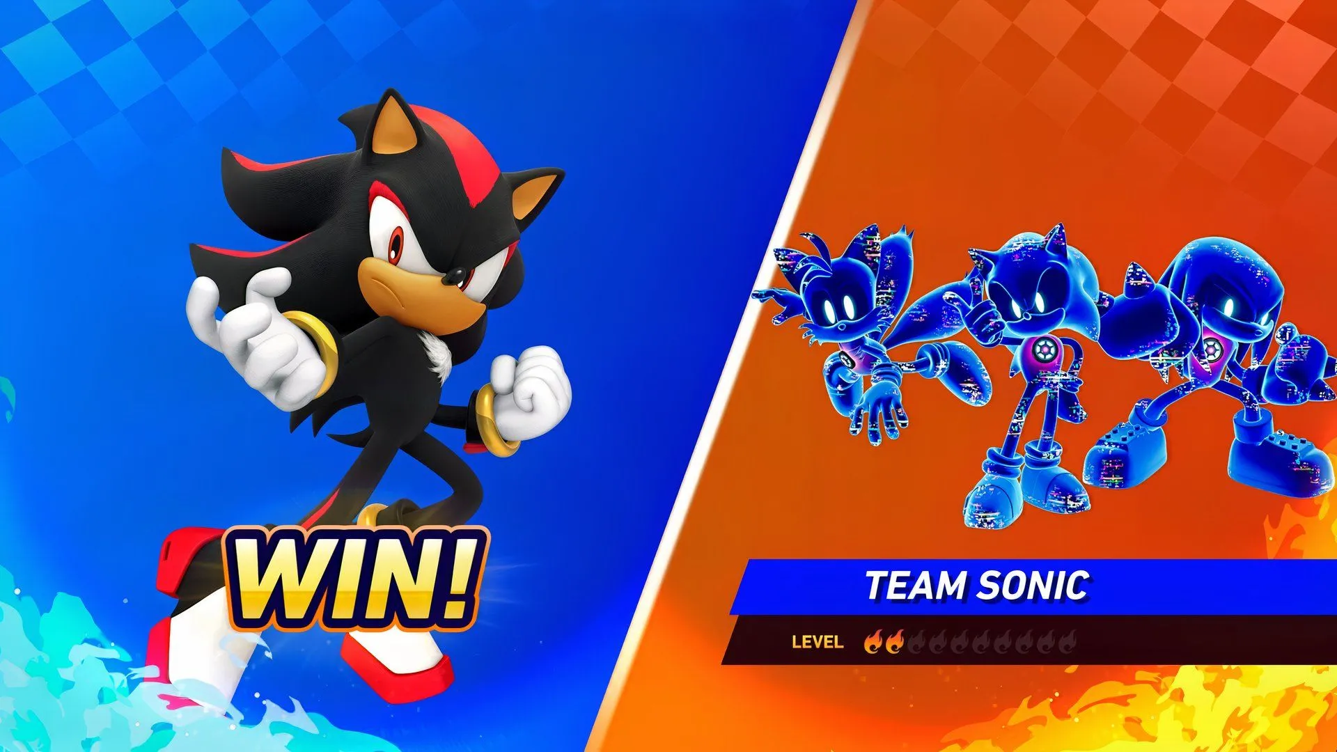 Shadow chiến thắng Team Sonic trong Race Park, cảnh kết thúc cuộc đua hiển thị bảng điểm