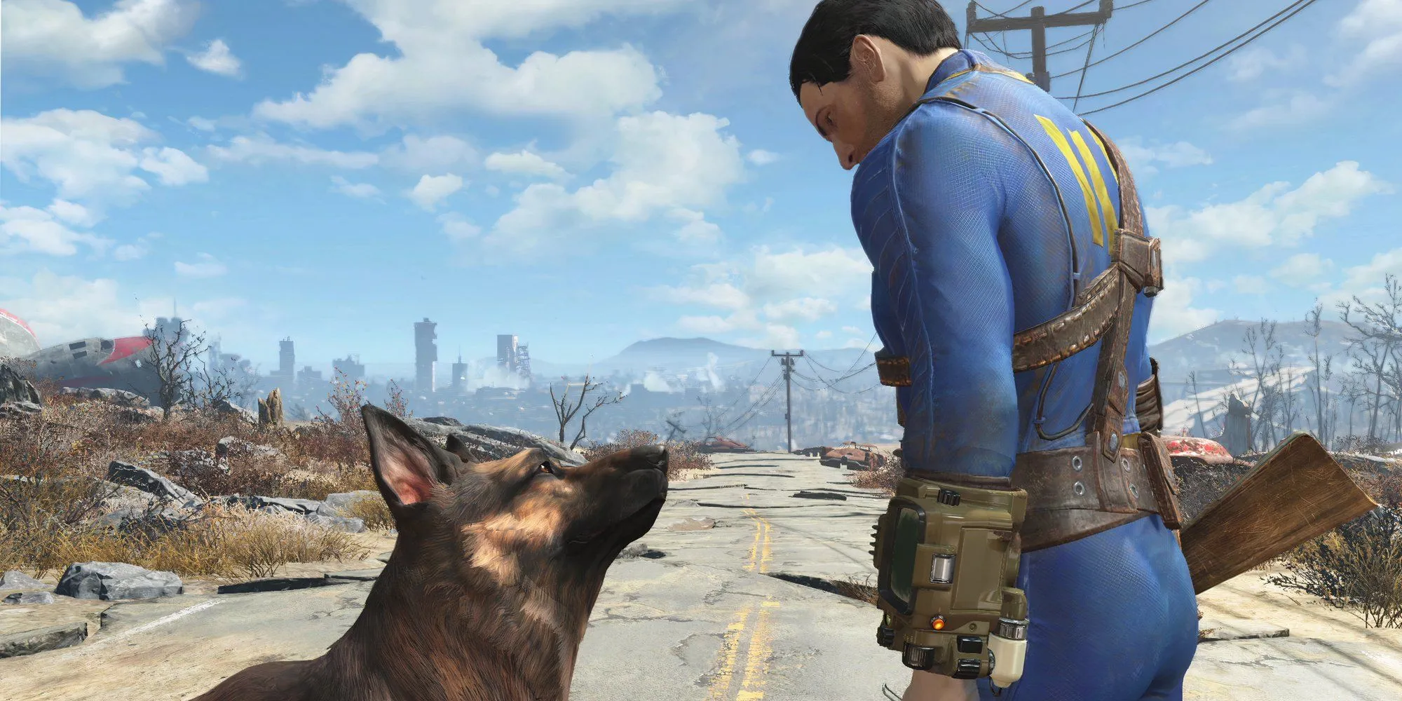 Sole Survivor tương tác với Dogmeat bên ngoài trong Fallout 4, minh họa khám phá vùng hoang mạc và tương tác đồng đội