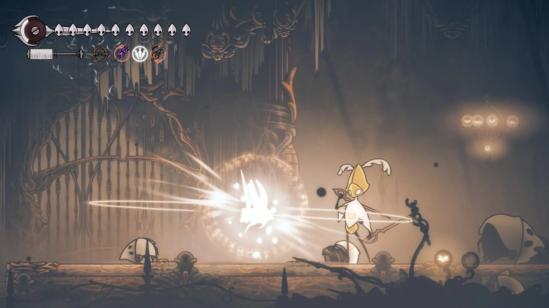 Sử dụng Injector Band để hồi máu trong Hollow Knight: Silksong, minh họa combat và tài nguyên