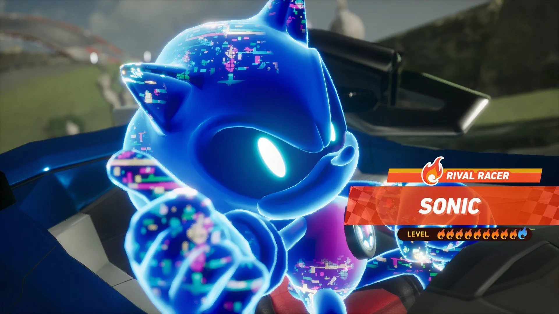 Xe AI Sonic đang thi đấu trong Race Park Sonic Racing CrossWorlds, hiển thị giao diện đua và hiệu ứng item