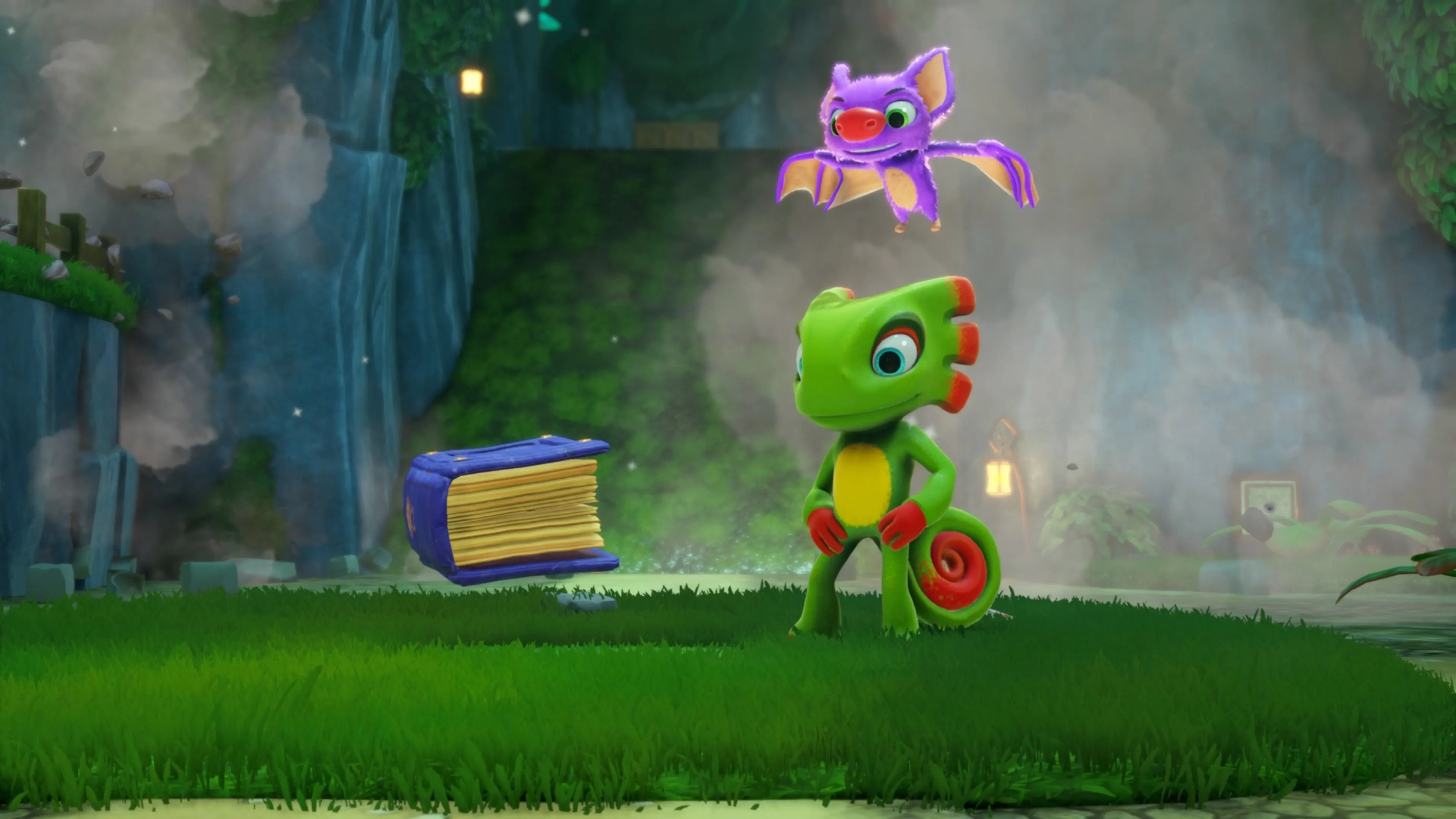 Yooka-Replaylee - cảnh bản đồ với đồ họa cartoony và chi tiết nhân vật